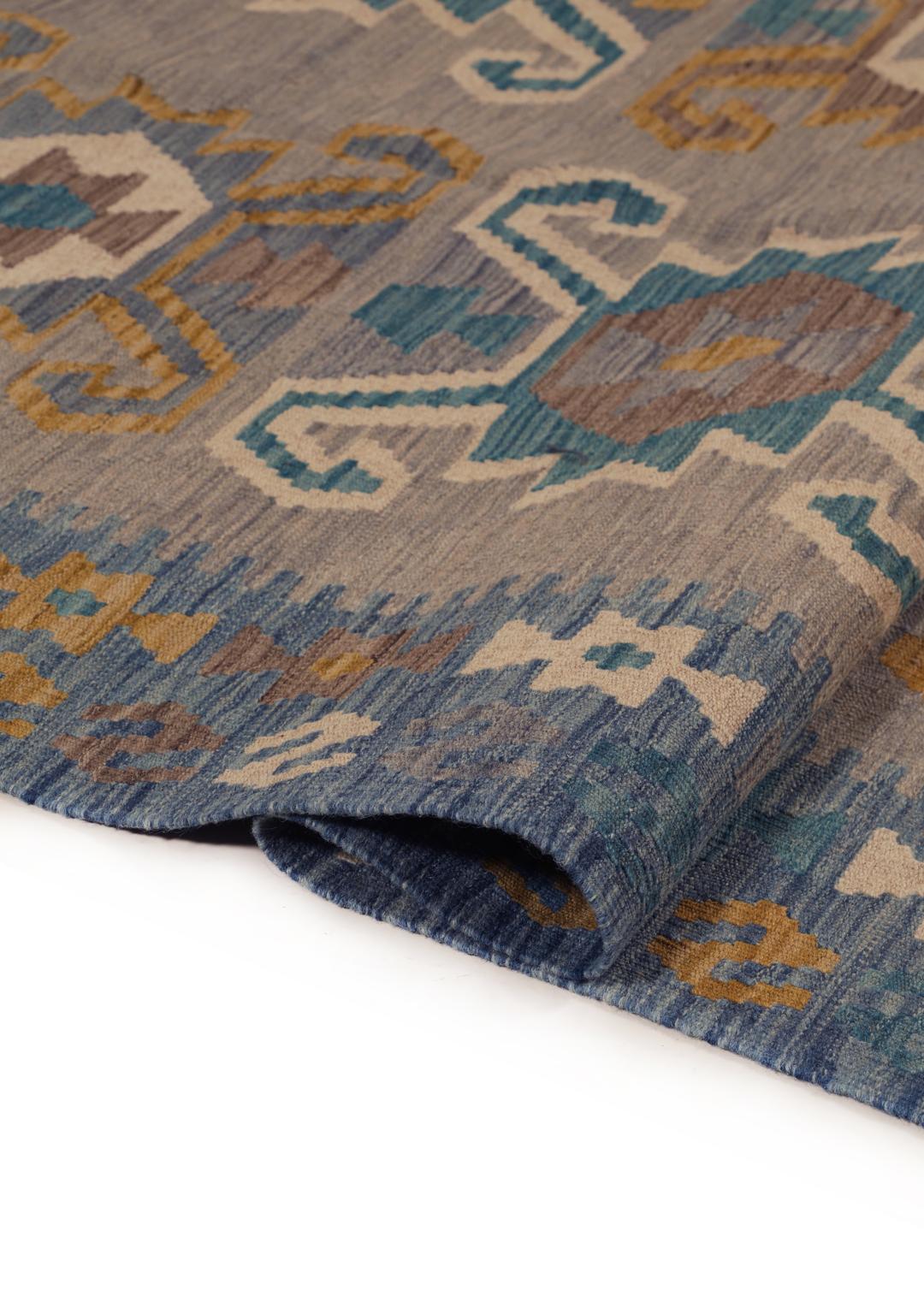 Hand-woven Afghan Kelim rug featuring geometric patterns in blue, yellow, and grey tones.