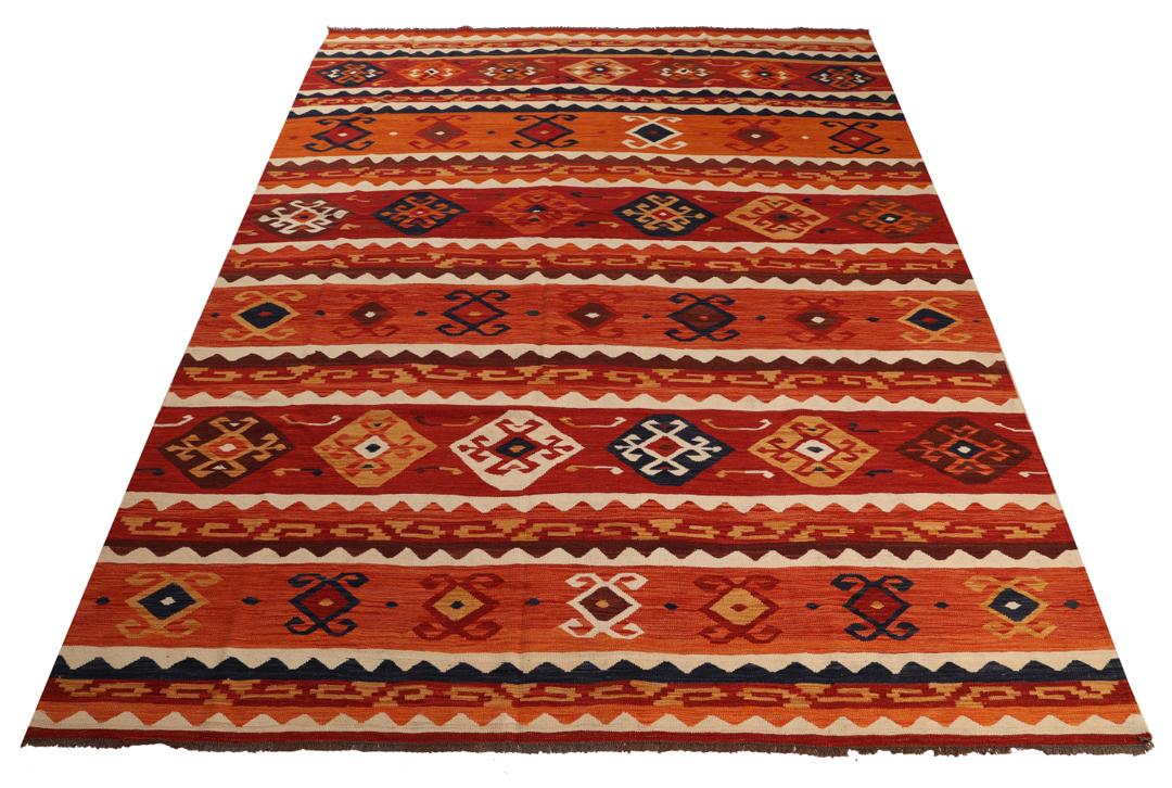 Duży ręcznie tkany afgański kilim z wielokolorowym geometrycznym wzorem i tradycyjnymi motywami plemiennymi