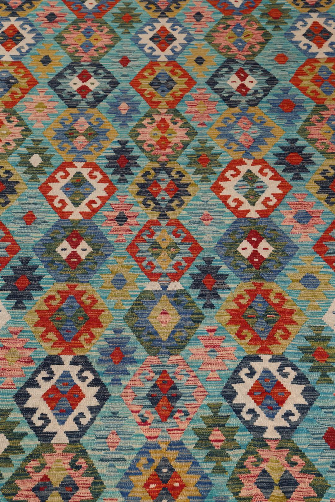 Handgeweven Afghaans Kelim-kleed met levendige geometrische patronen in blauw