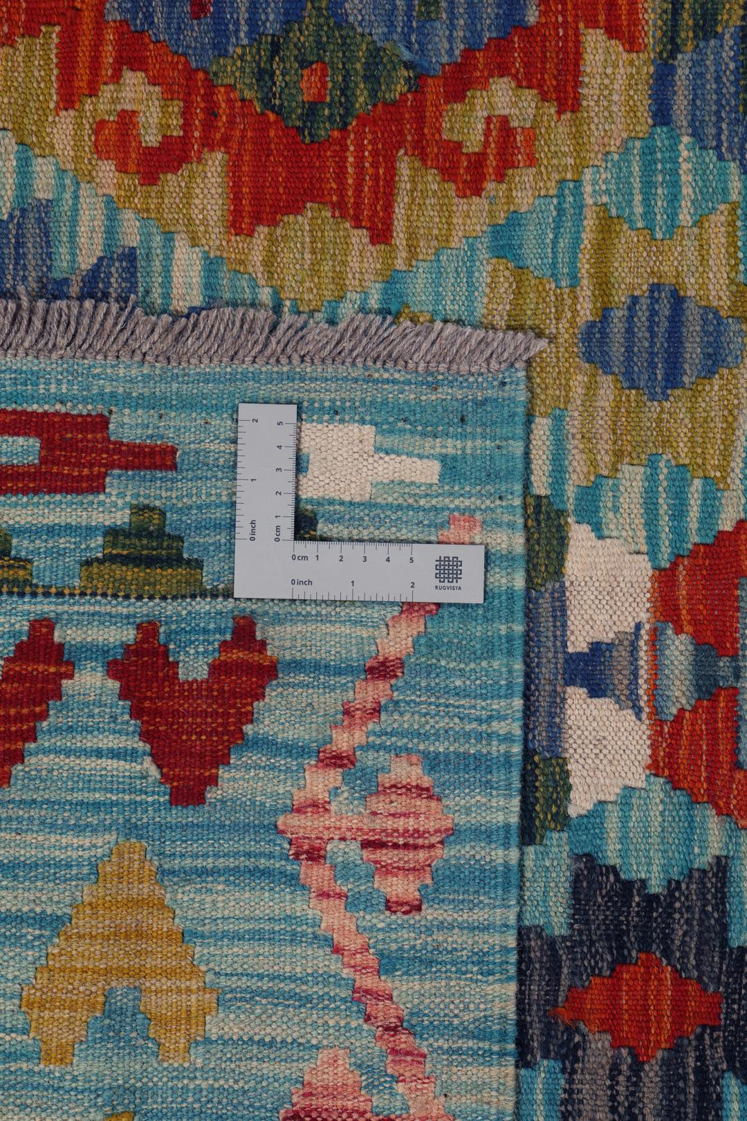 Handgeweven Afghaans Kelim-kleed met levendige geometrische patronen in blauw