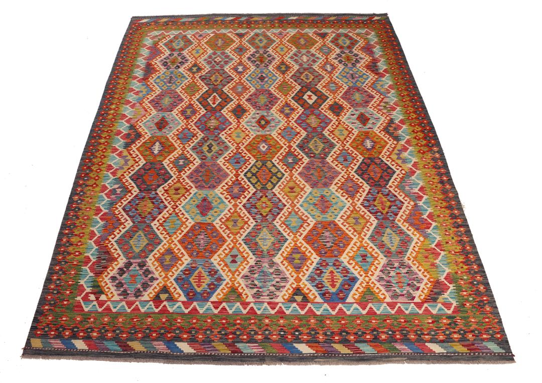 Handgeweven Afghaans Kelim tapijt met een levendig veelkleurig geometrisch patroon