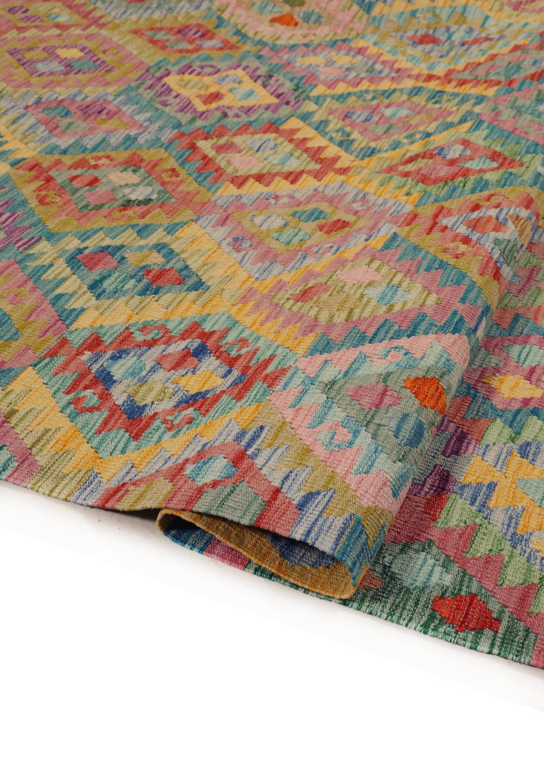 A vibrant, hand-woven Afghan Kelim rug featuring a colourful diamond pattern