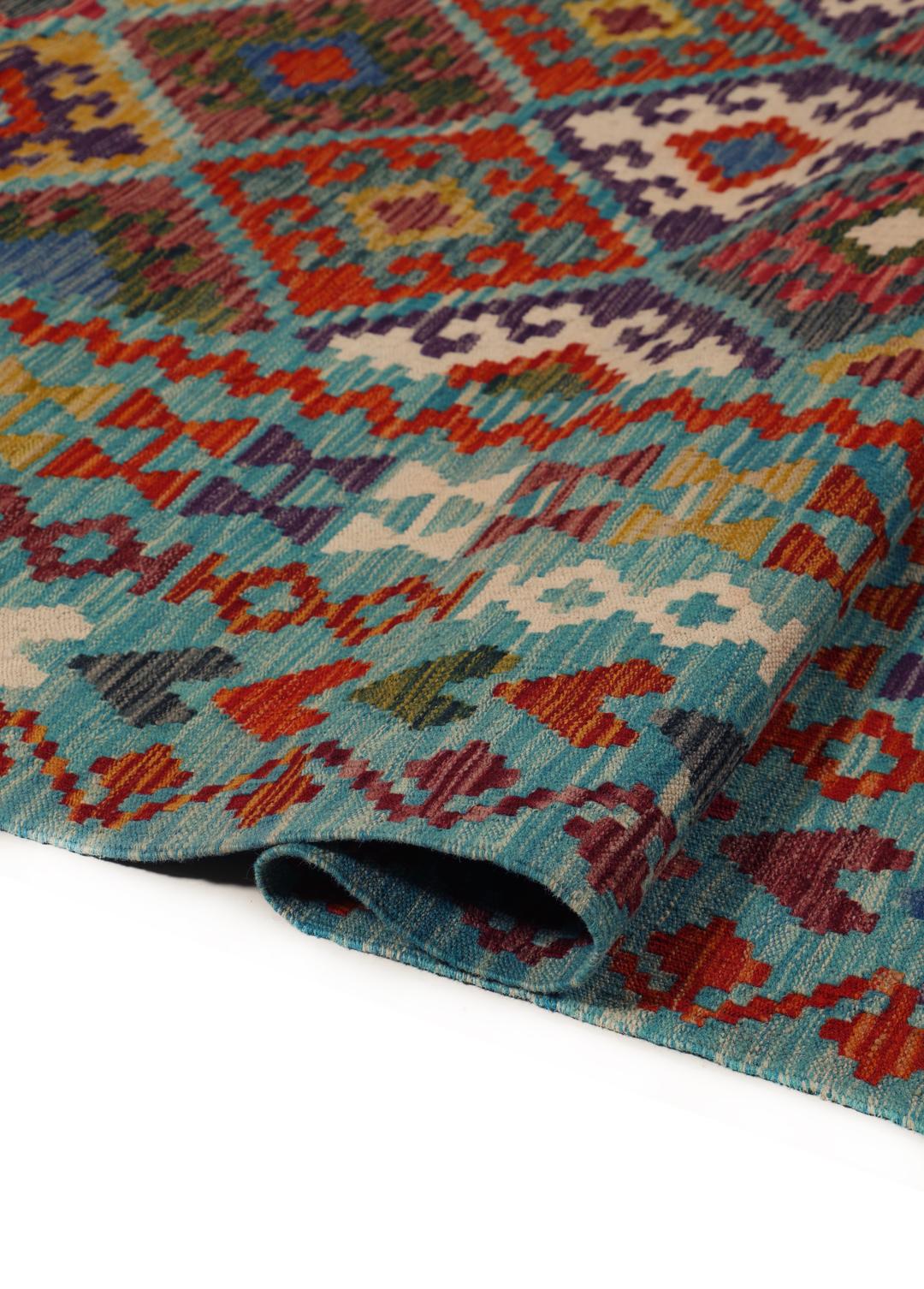 Håndvævet afghansk Kelim-tæppe i multifarvet med geometriske diamantmønstre