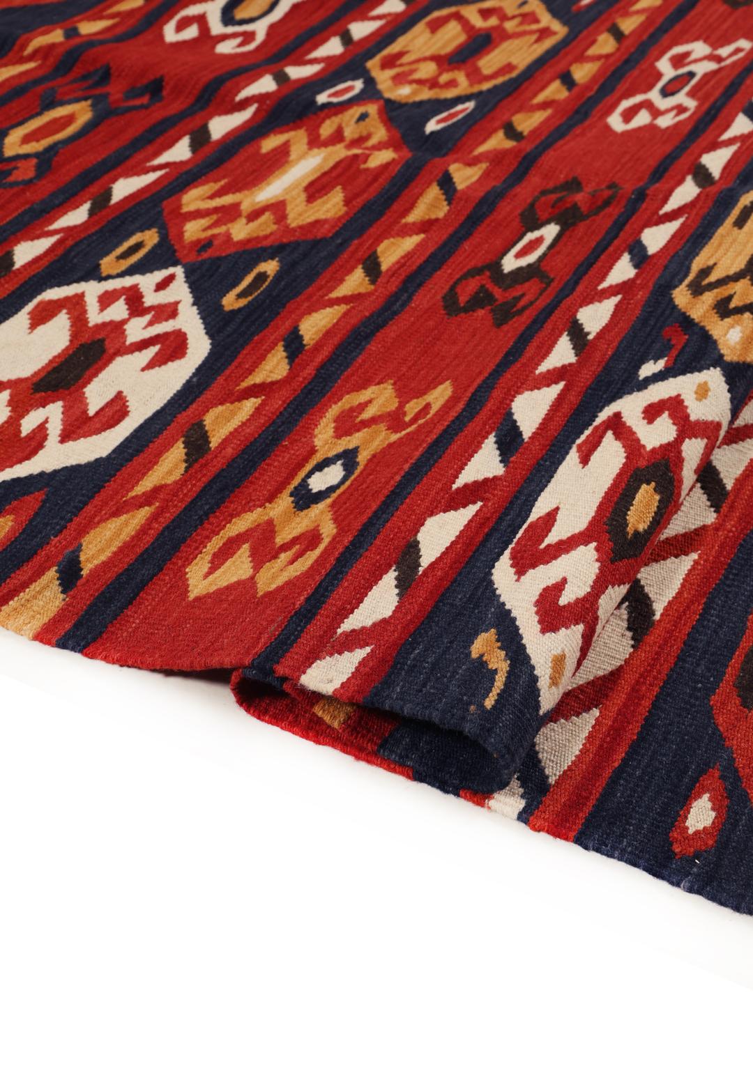 Håndvævet Kilim-tæppe fra Afghanistan i mange farver med geometriske mønstre
