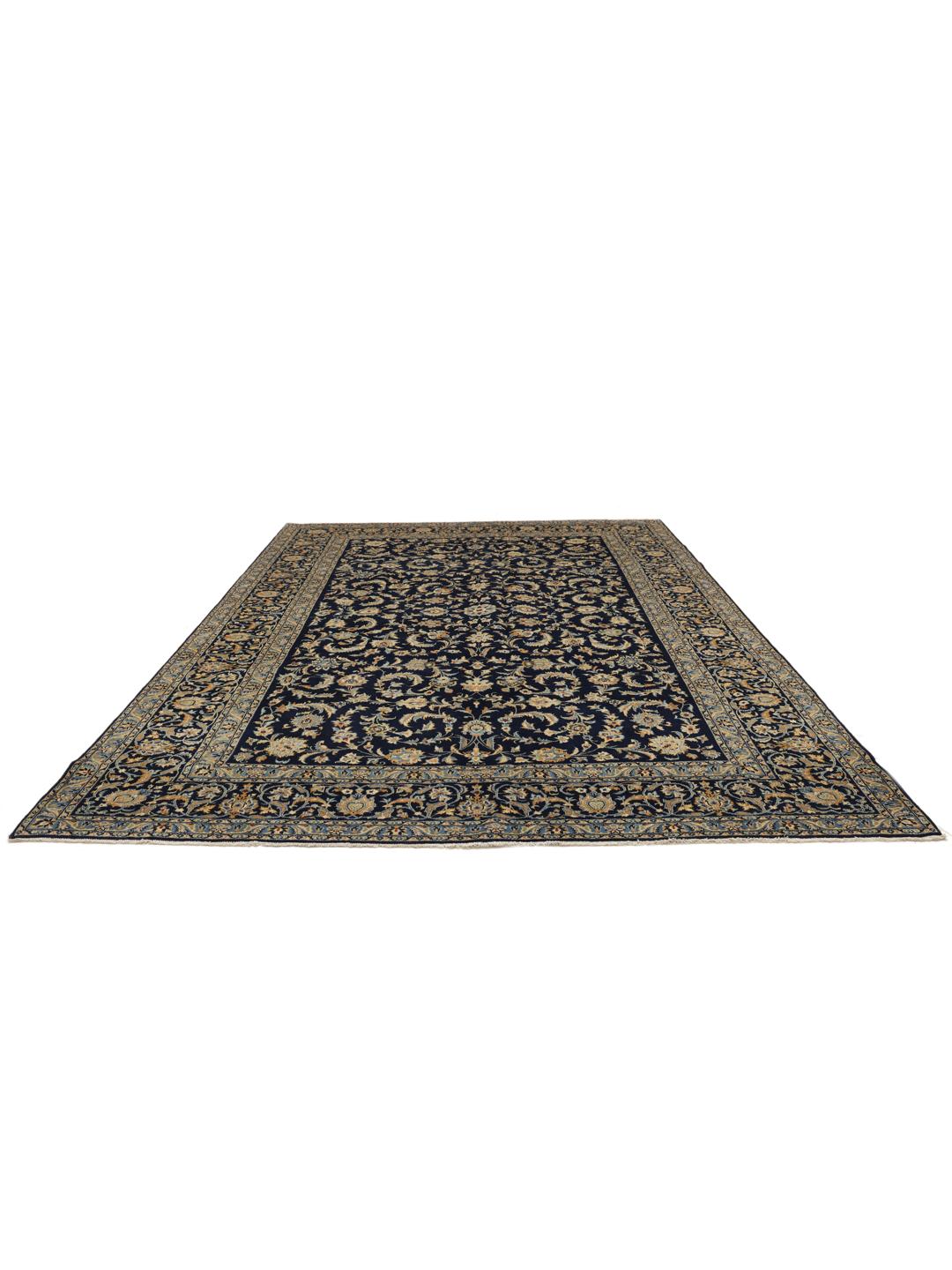Hand-knotted Keshan rug from the Middle East in deep blue with floral patterns