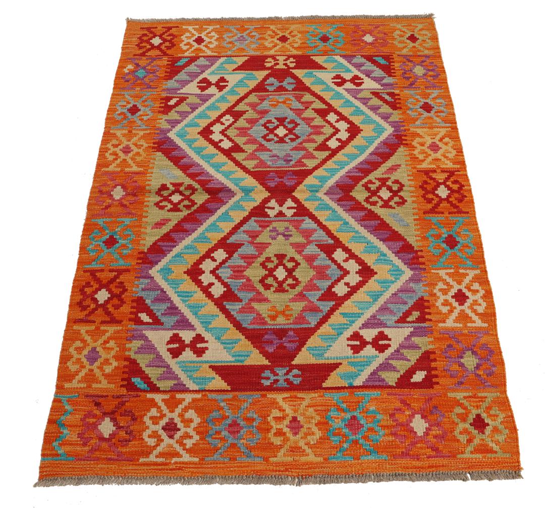 Hand-woven Afghan Kelim rug featuring geometric patterns in multicolor Wool
