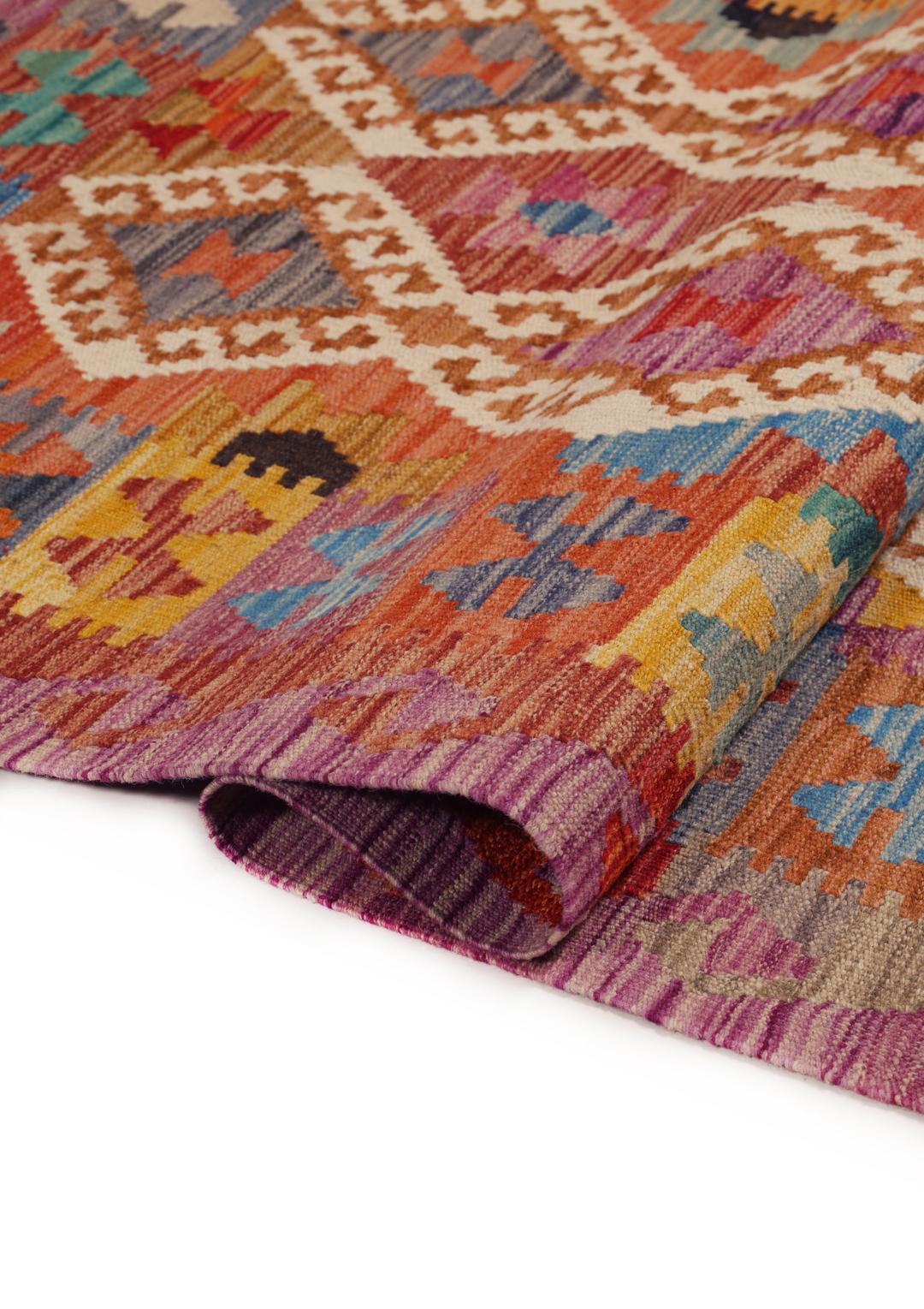 Hand-woven Afghan Kelim rug featuring a vibrant multicolor diamond geometric pattern