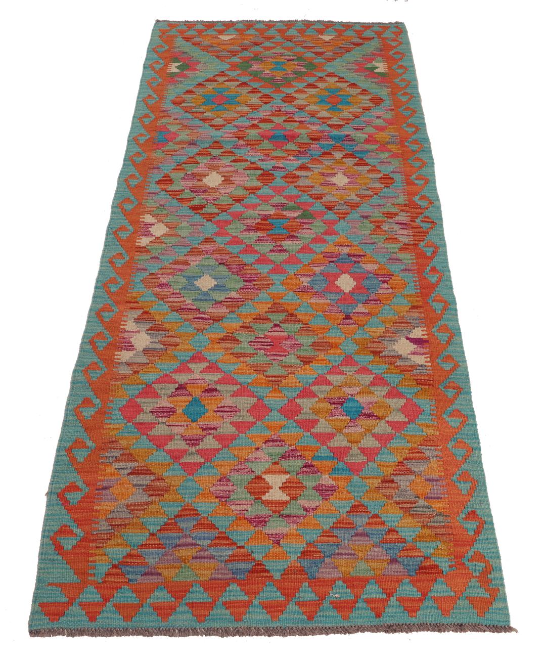 Runner afghano tessuto a mano con un vivace motivo geometrico multicolore