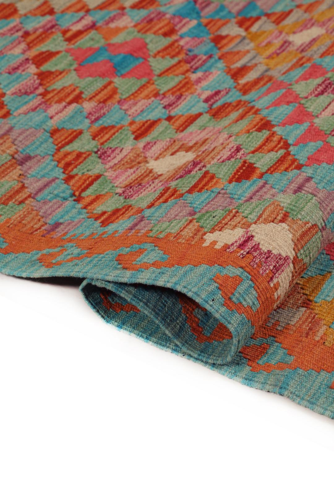 Runner afghano tessuto a mano con un vivace motivo geometrico multicolore