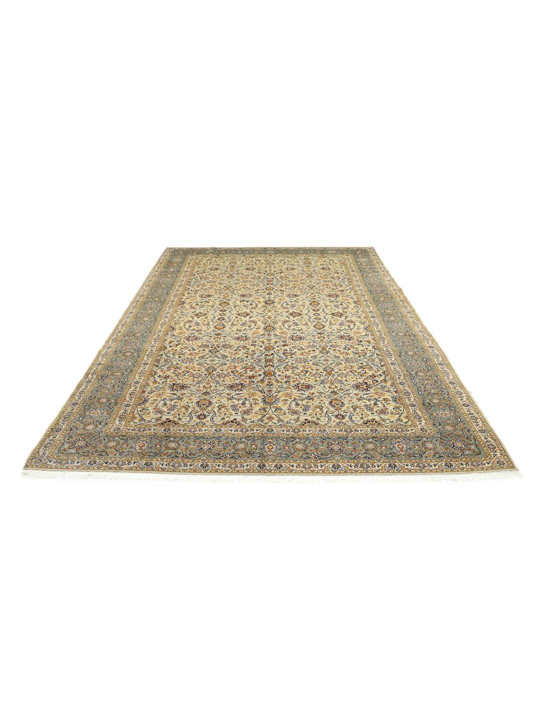 Handgeknoopt Keshan tapijt uit het Midden-Oosten in beige en blauwe tinten