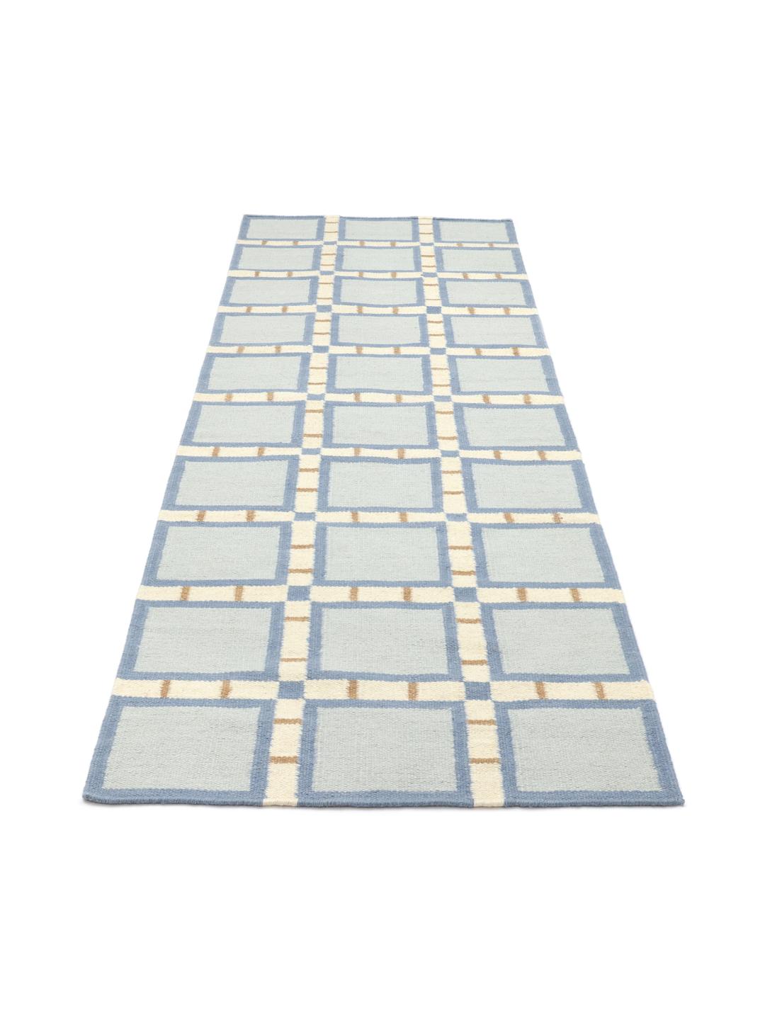 Handgeweven blauwe loper met een geometrisch rasterpatroon