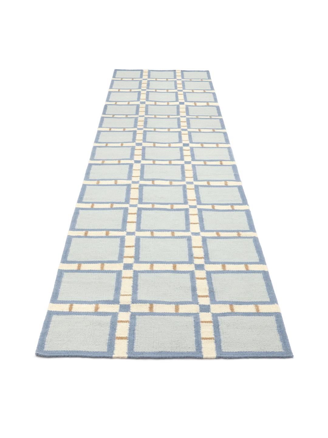 Handgeweven blauwe loper met een geometrisch rasterpatroon