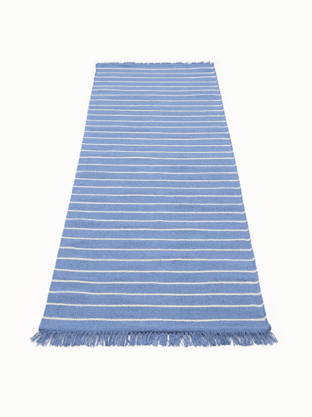 Blauwe en witte loper met franjes