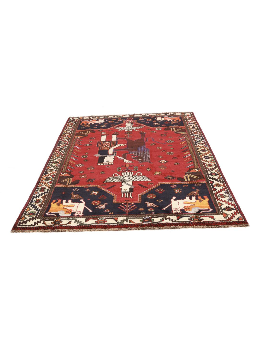 Hand-knotted Ghashghai rug with red field and pictorial motifs