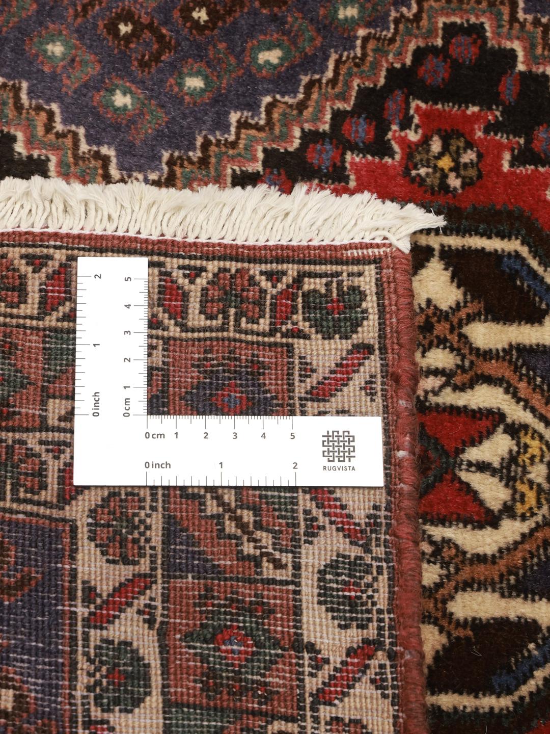 Håndknyttet Afshar Shahre Babak-tæppe fra Mellemøsten med blåt og rødt geometrisk design.