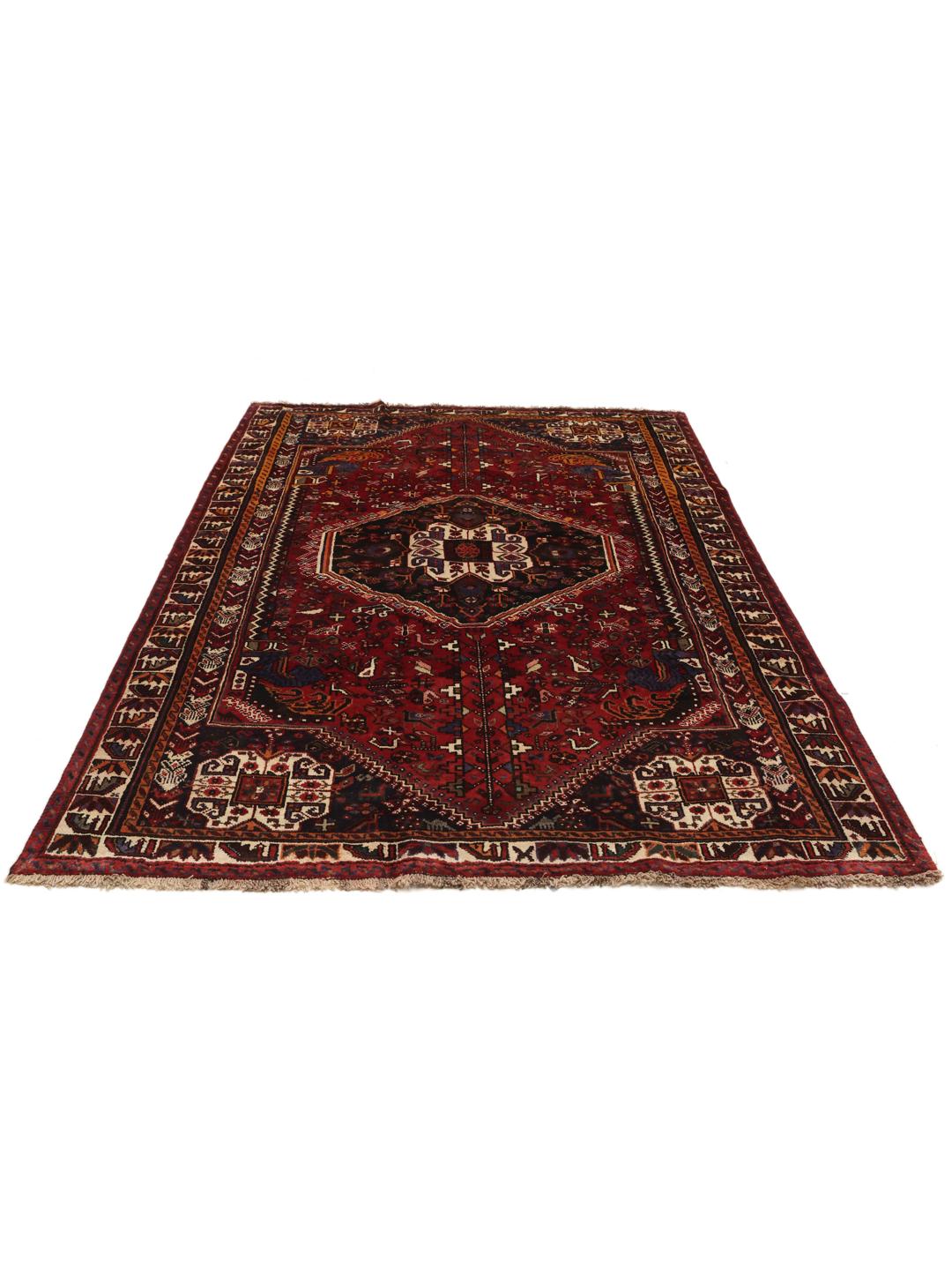 Hand-knotted Ghashghai Wool rug with geometric patterns in red and dark blue