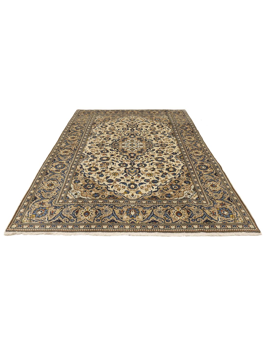 Hand-knotted Keshan rug from the Middle East with a beige and blue floral medallion pattern
