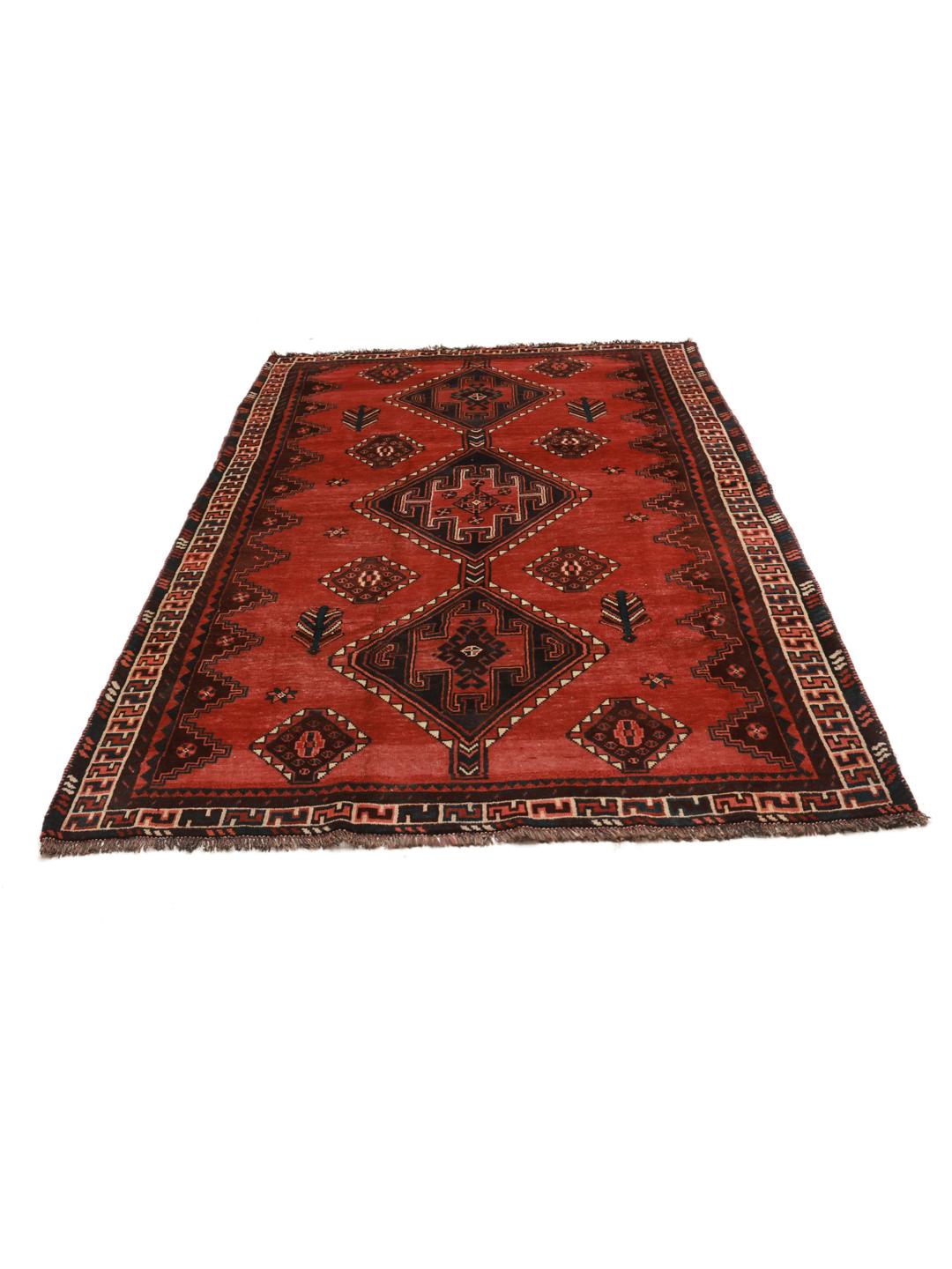 Hand-knotted Shiraz rug from the Middle East in vibrant red with geometric patterns