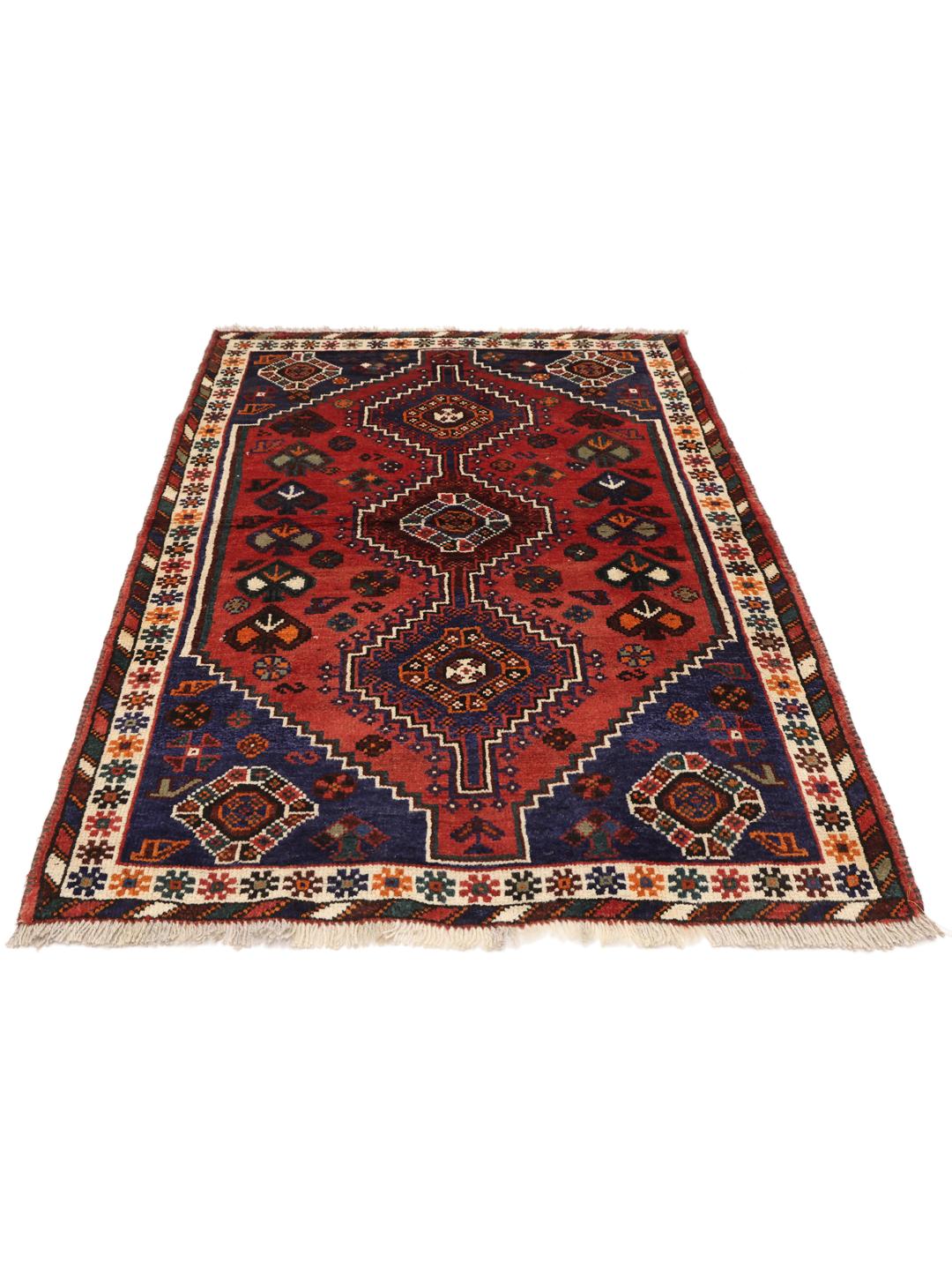 Hand-knotted Shiraz rug from the Middle East in red and blue