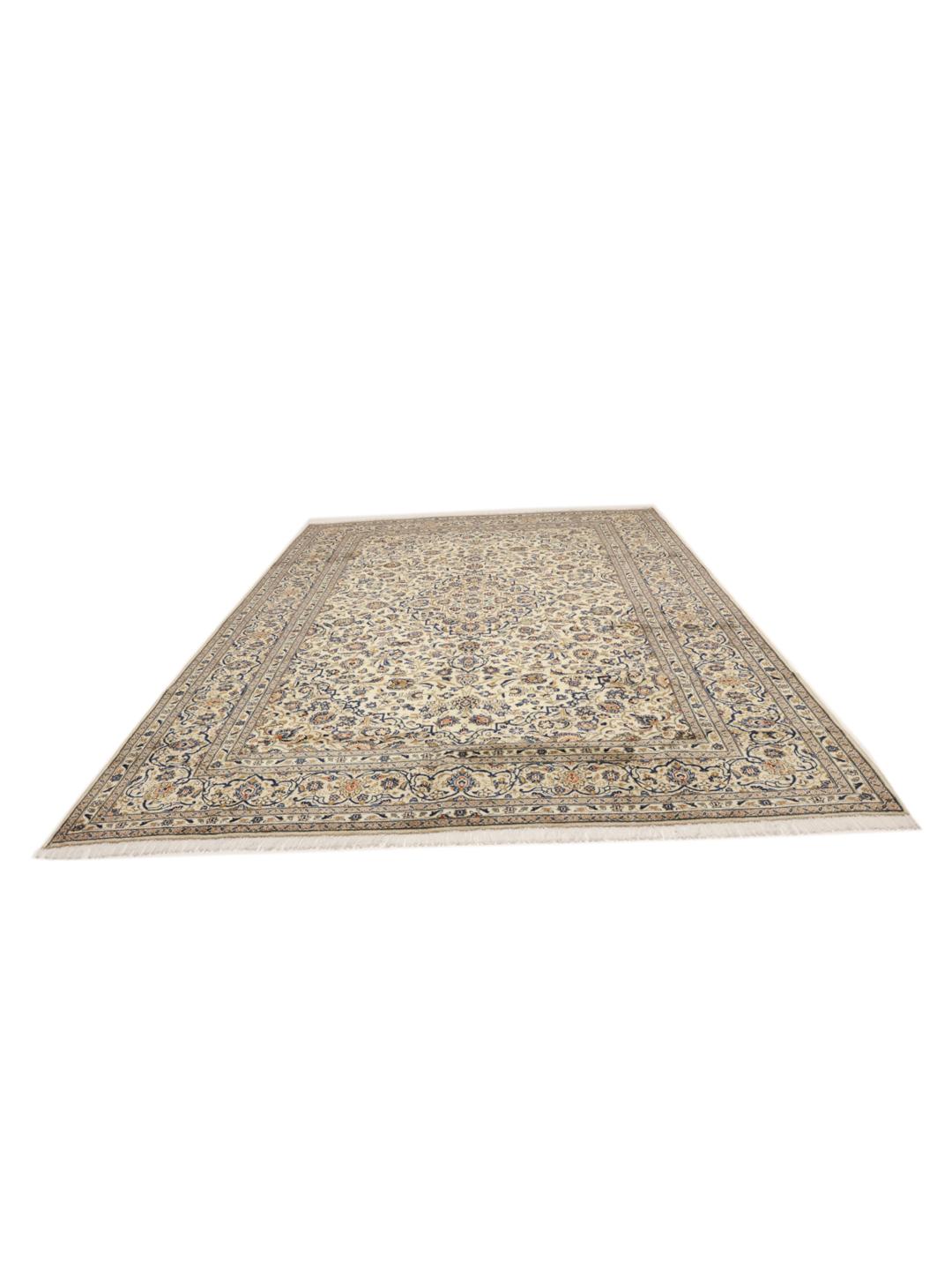 Hand-knotted Keshan rug from the Middle East in beige, blue, and orange tones.