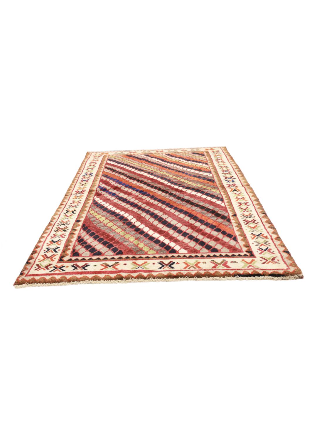 Hand-knotted Ghashghai rug from the Middle East with a multicolored diagonal lattice pattern