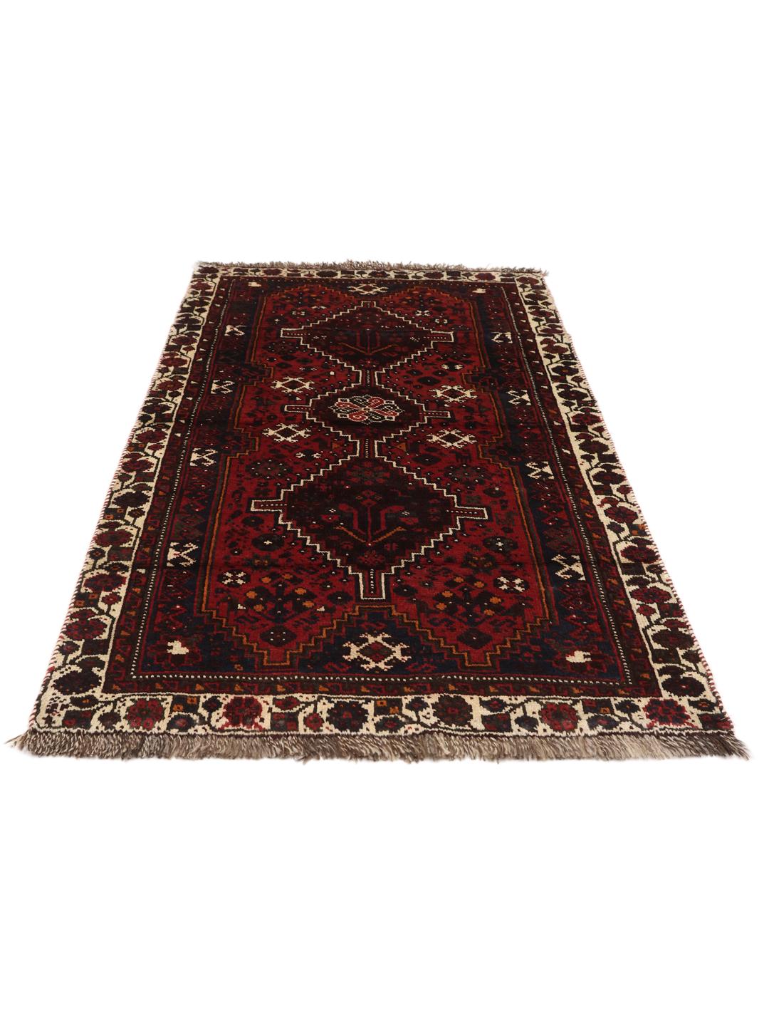 Hand-knotted Shiraz rug in dark red and black with tribal geometric patterns