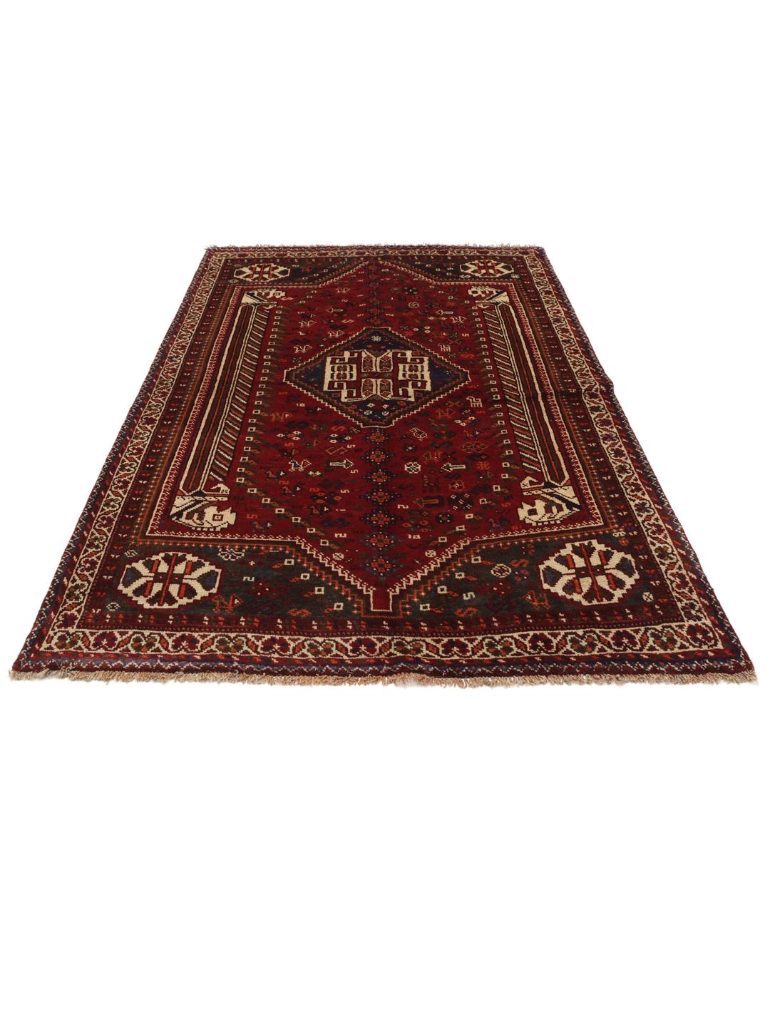 Hand-knotted Shiraz rug from the Middle East in deep red and blue tones