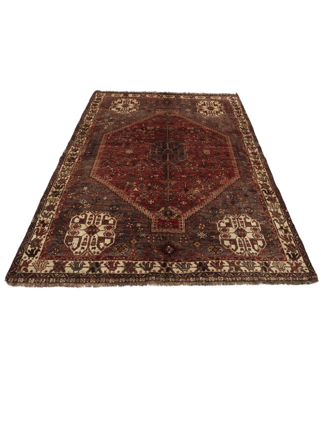 Hand-knotted Middle Eastern Shiraz rug in dark-red and blue tones