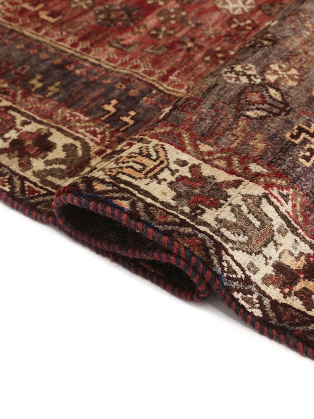 Hand-knotted Middle Eastern Shiraz rug in dark-red and blue tones