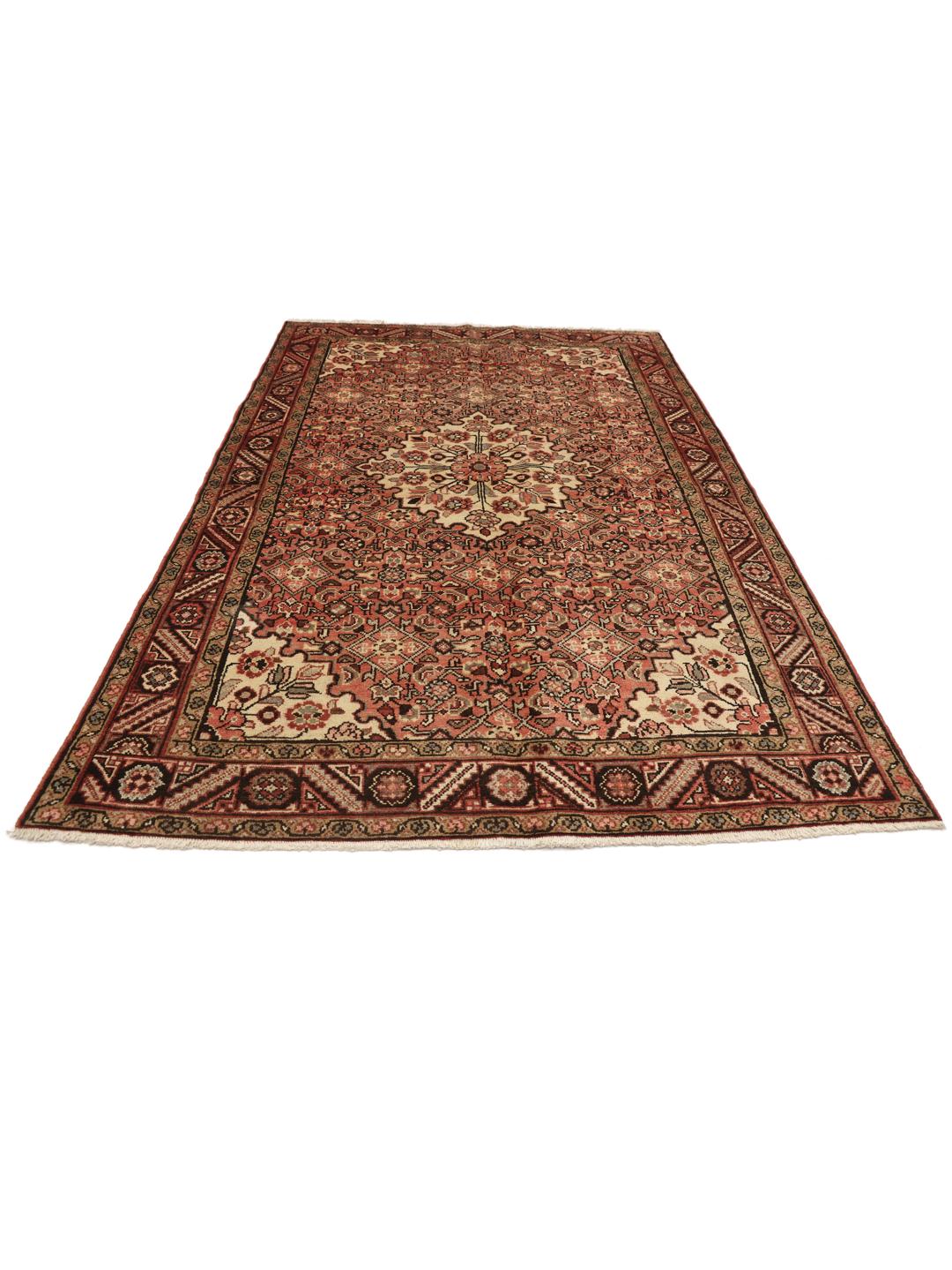 Hand-knotted Hosseinabad rug from the Middle East in red and cream tones