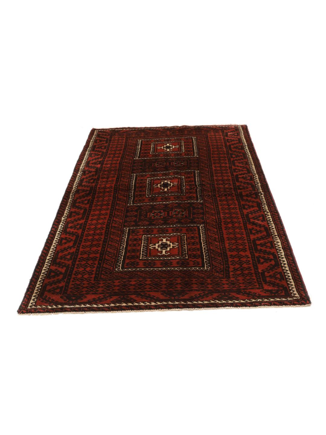A hand-knotted Baluch rug with a dark-red field and geometric motifs from the Middle East.