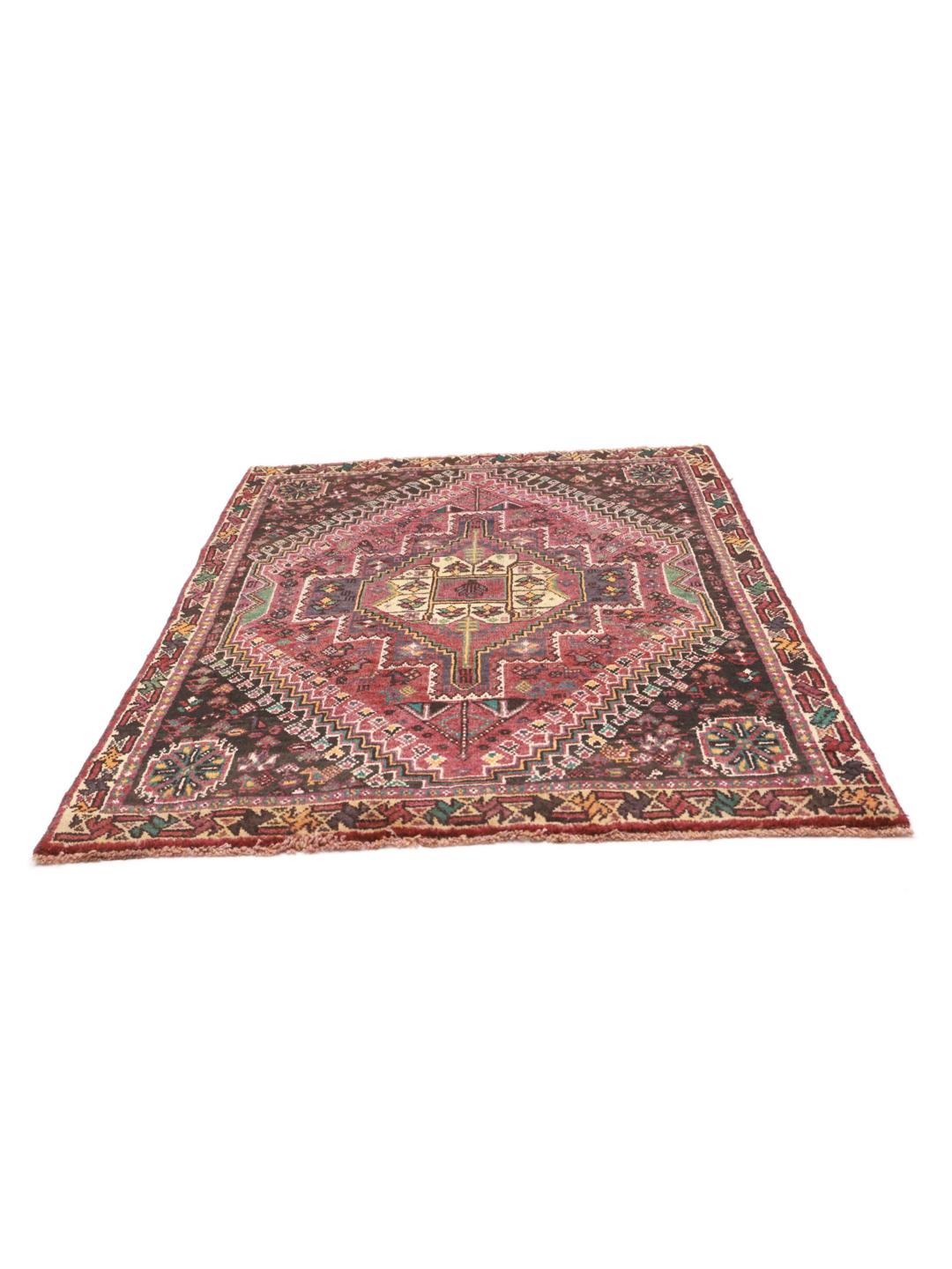 Hand-knotted Shiraz rug from the Middle East in dark-red and multicolour