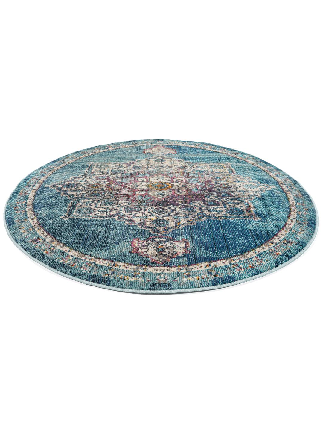 Tapis rond bleu canard foncé avec un motif médaillon complexe