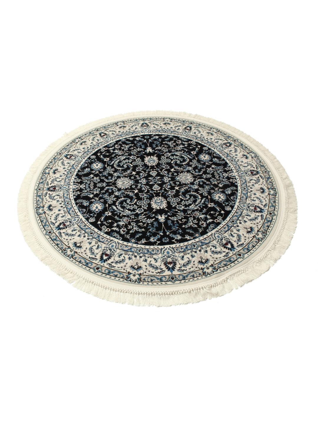 Rond donkerblauw vloerkleed met gedetailleerde decoratieve patronen