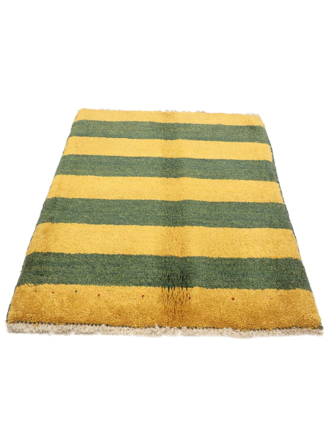 Handgeknoopt Gabbeh Fine vloerkleed met groene en gele strepen uit het Midden-Oosten