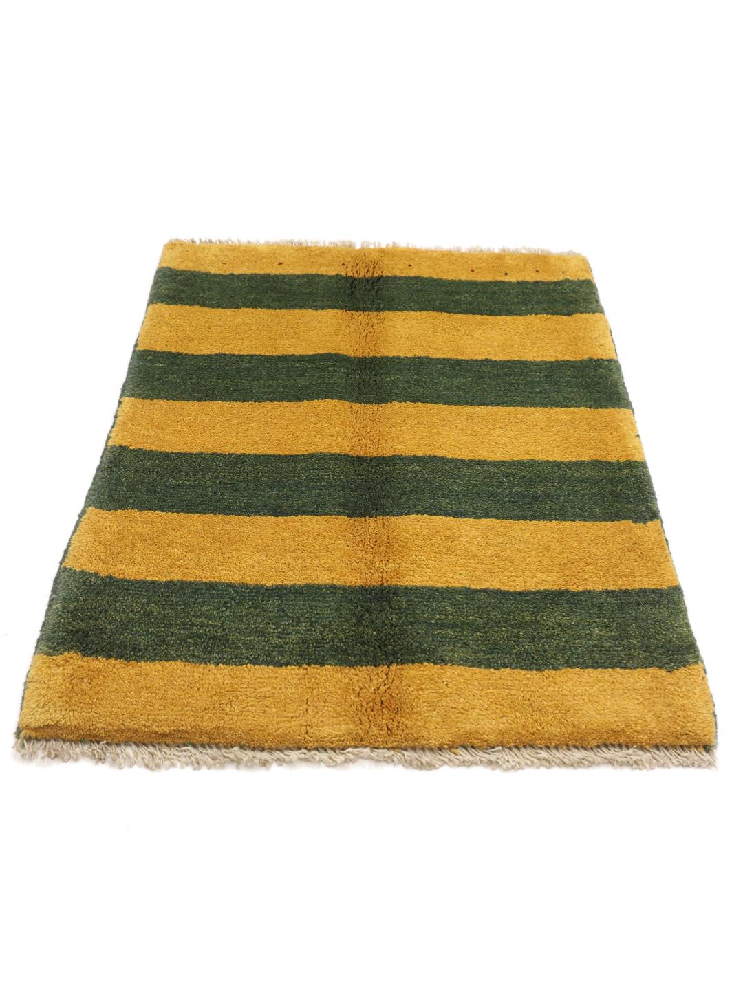 Handgeknoopt Gabbeh Fine vloerkleed met groene en gele strepen uit het Midden-Oosten