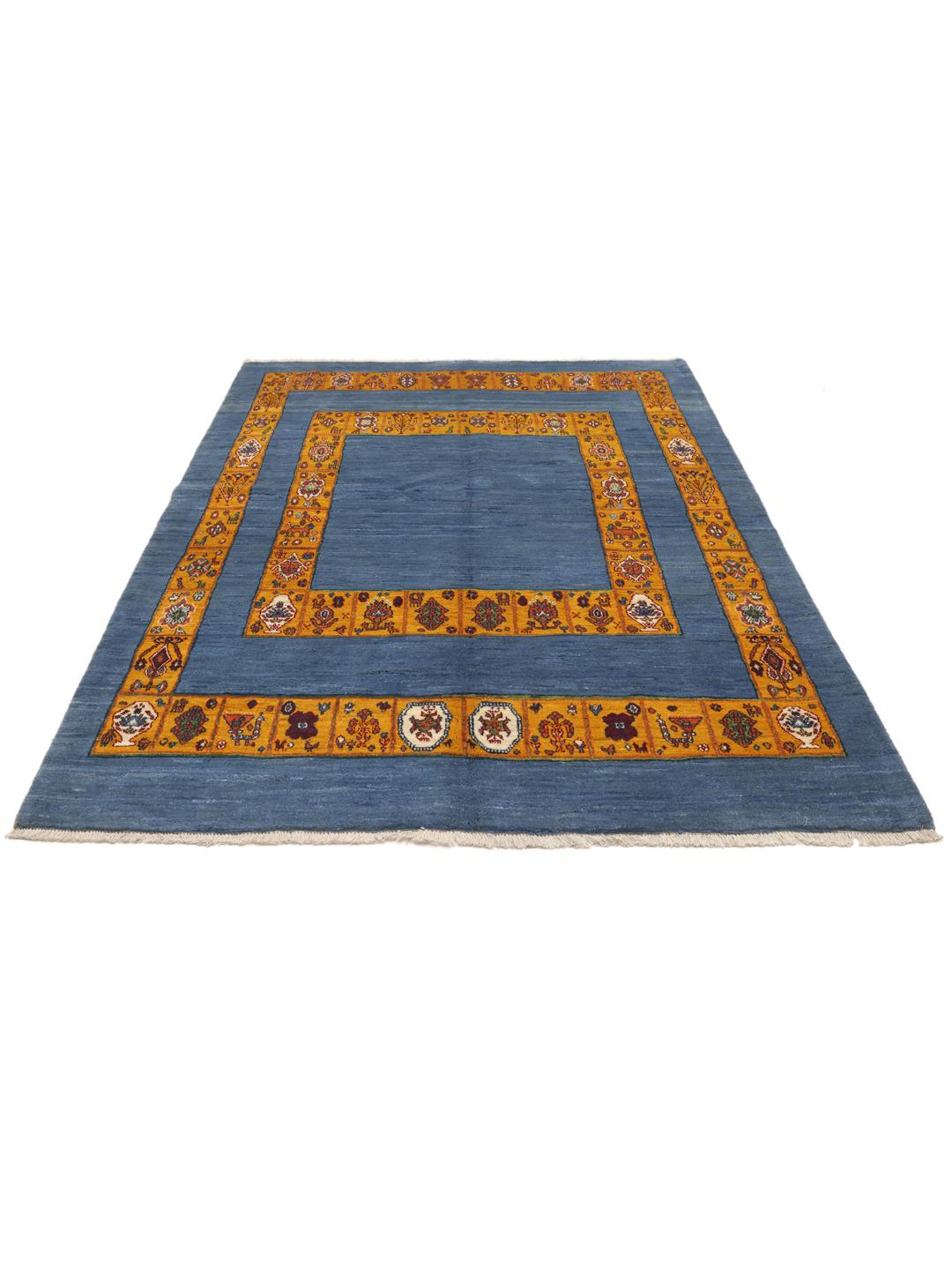Handgeknoopt Loribaft-tapijt uit het Midden-Oosten met een diepblauw veld en gele rand.