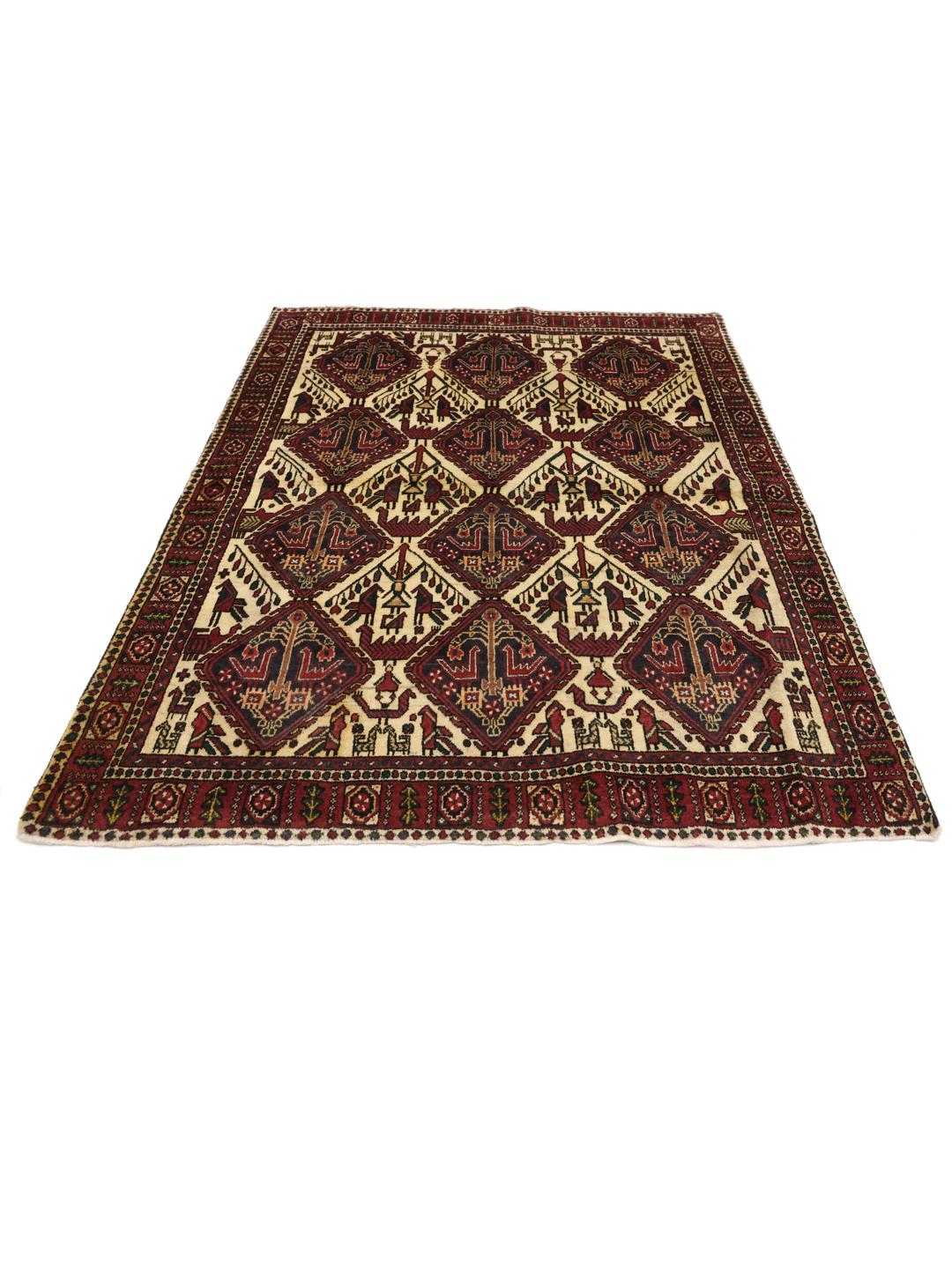 Handgeknoopt Afshar Shahre Babak vloerkleed met complexe geometrische motieven in rode en beige tinten