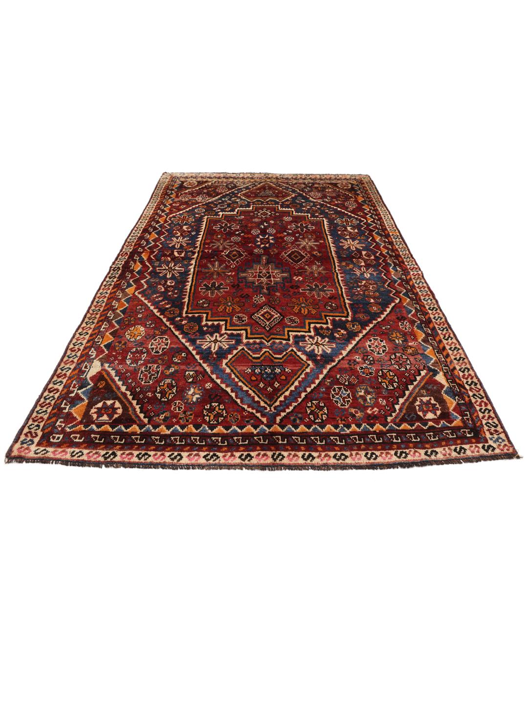 Hand-knotted Shiraz rug from the Middle East in red and blue tones