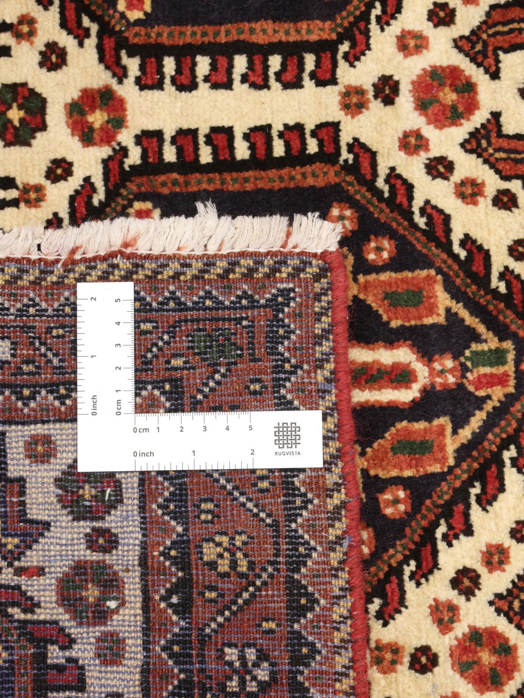 Met de hand geknoopt Afshar Shahre Babak-tapijt met geometrische tribale patronen in rood en donkerblauw uit het Midden-Oosten