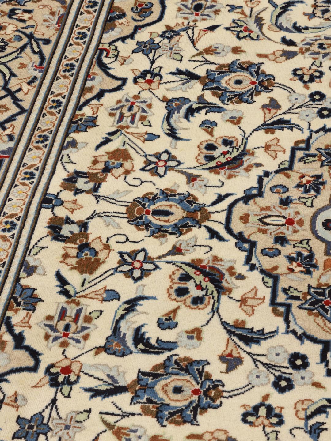 Hand-knotted Keshan rug from the Middle East in beige and blue