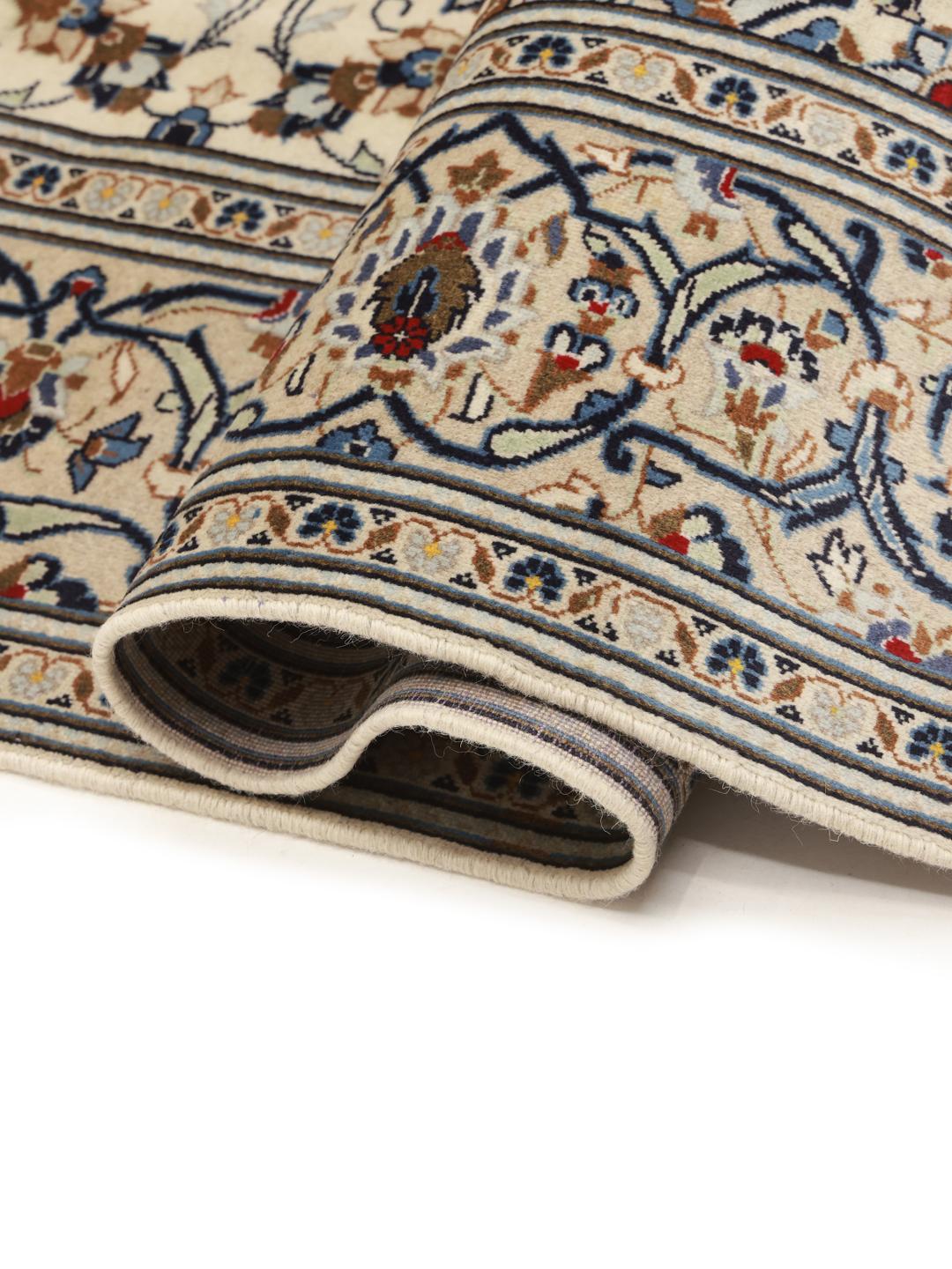 Hand-knotted Keshan rug from the Middle East in beige and blue