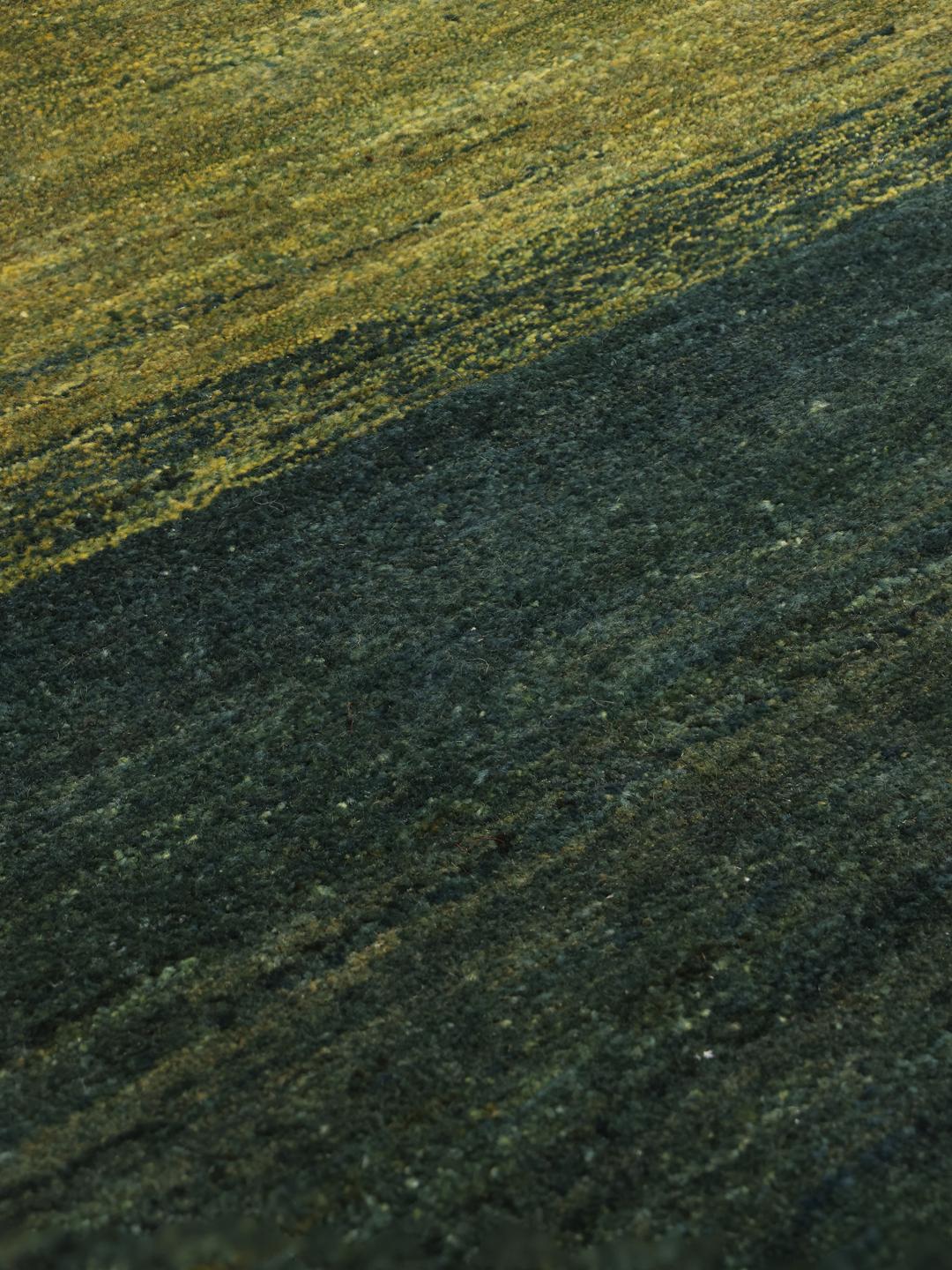 Håndknyttet Gabbeh-tæppe fra Mellemøsten med et mørkegrønt og lysegrønt ombre-design.