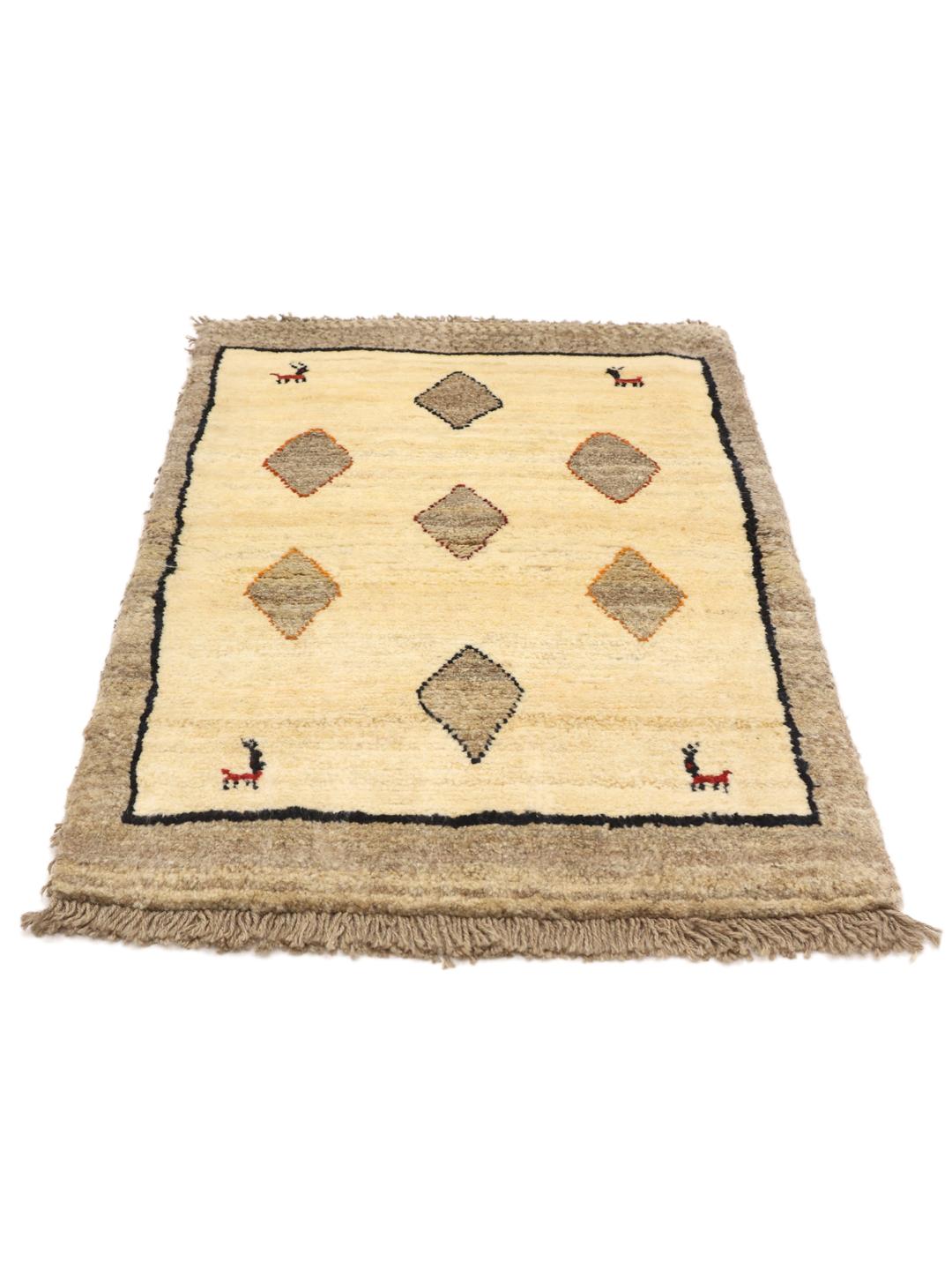 Håndknyttet beige Shabargan-tæppe med geometriske motiver og dyrefigurer