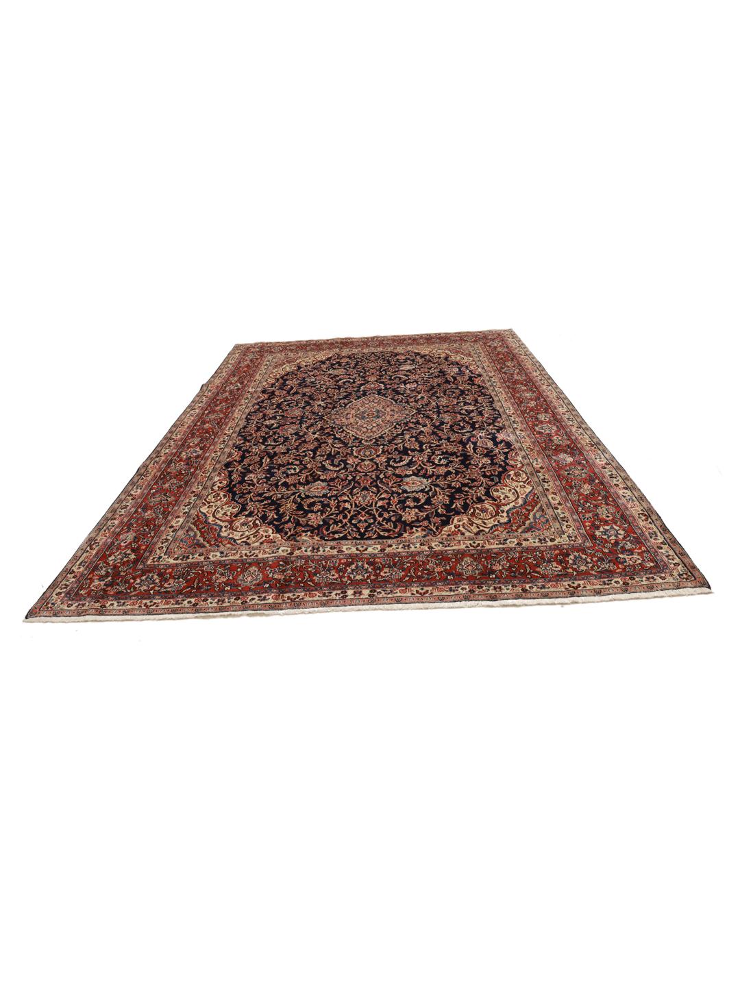 Hand-knotted Hamadan rug from the Middle East in dark-blue and red