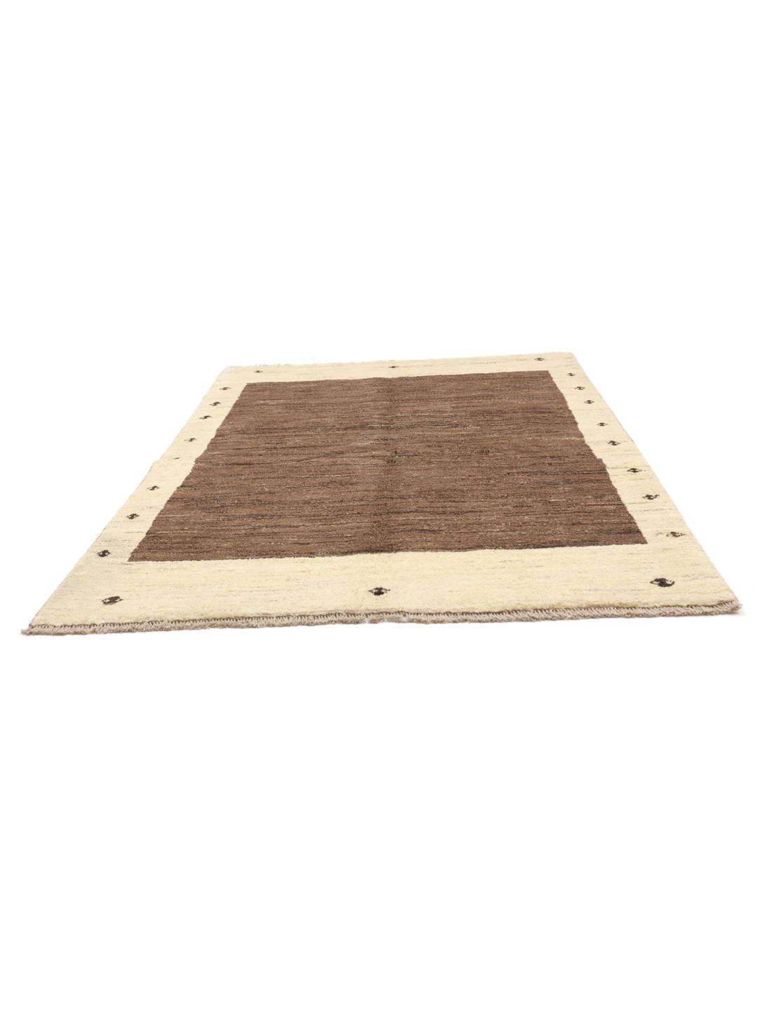 Hand-knotted Gabbeh rug with a brown field and beige border, Middle Eastern origin.