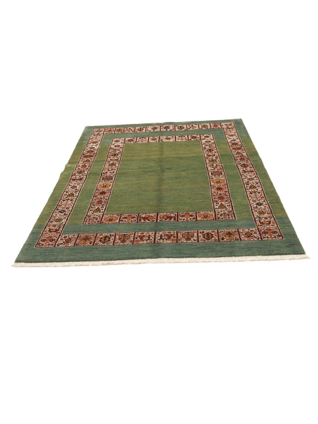 Covor Loribaft înnodat manual din Orientul Mijlociu cu câmp verde și margini decorative