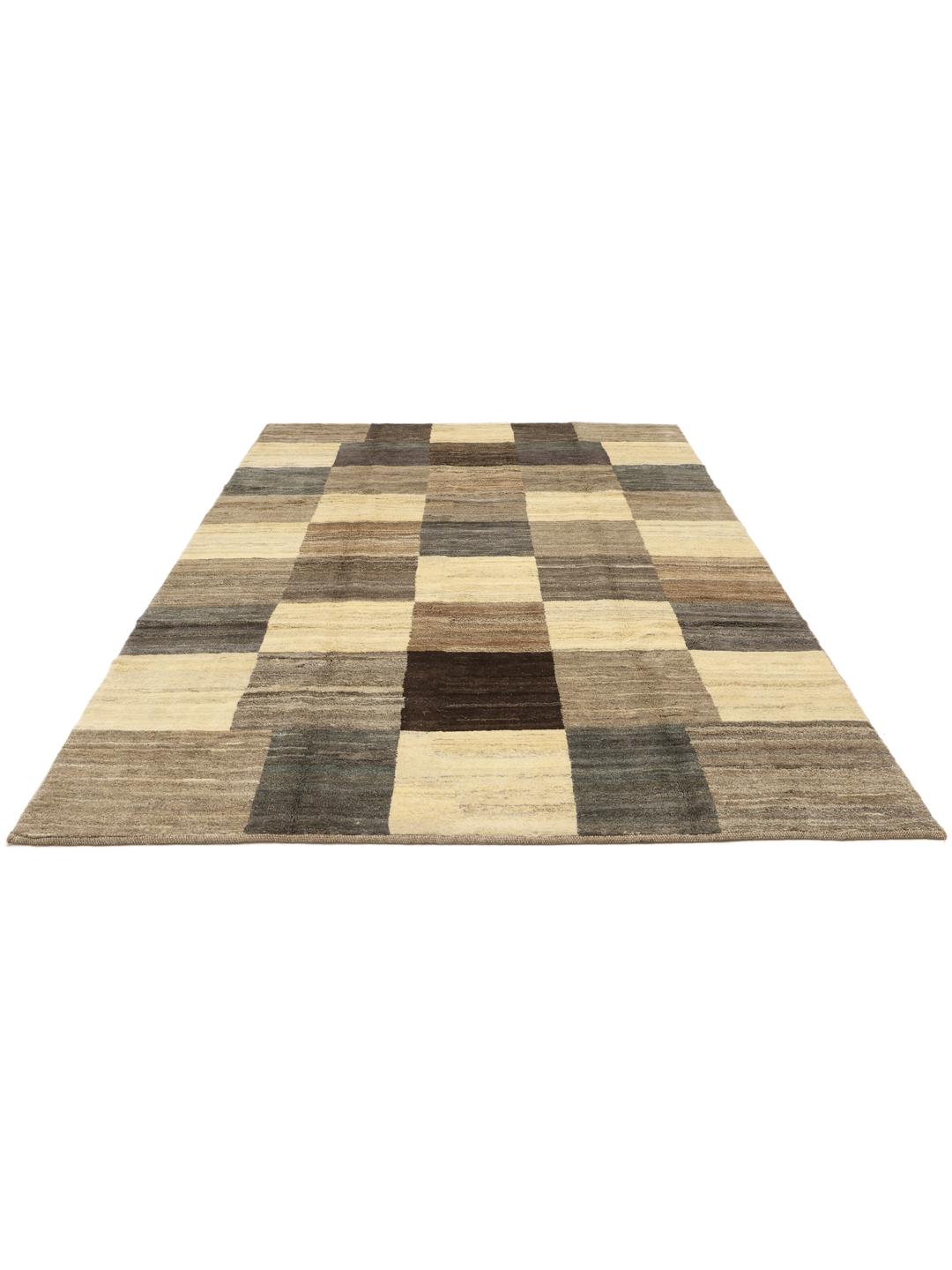 Hand-knotted Gabbeh rug with geometric patterns in multicolour wool from the Middle East