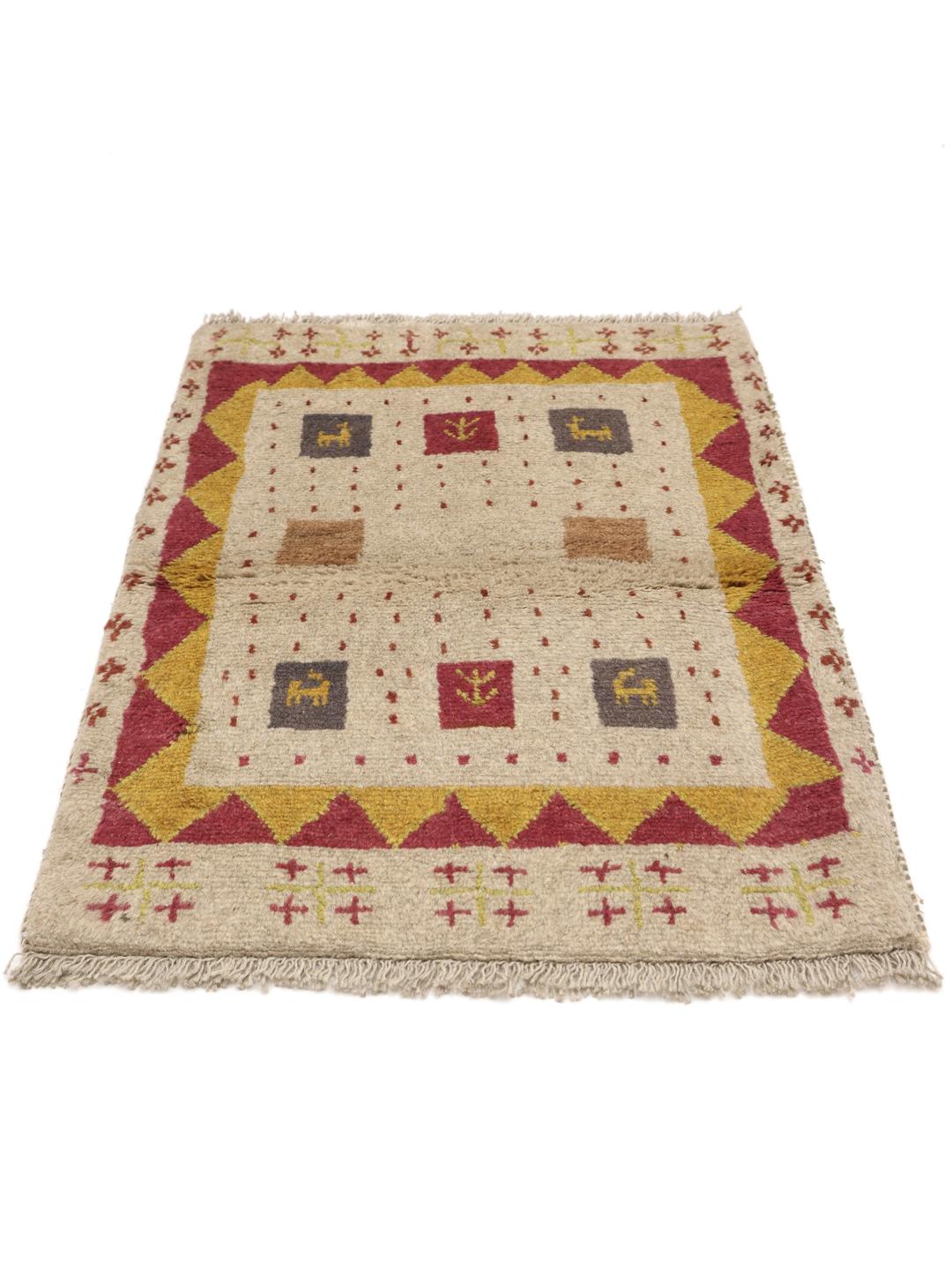 Håndknyttet Gabbeh-tæppe fra Mellemøsten med beige baggrund og farverige geometriske motiver