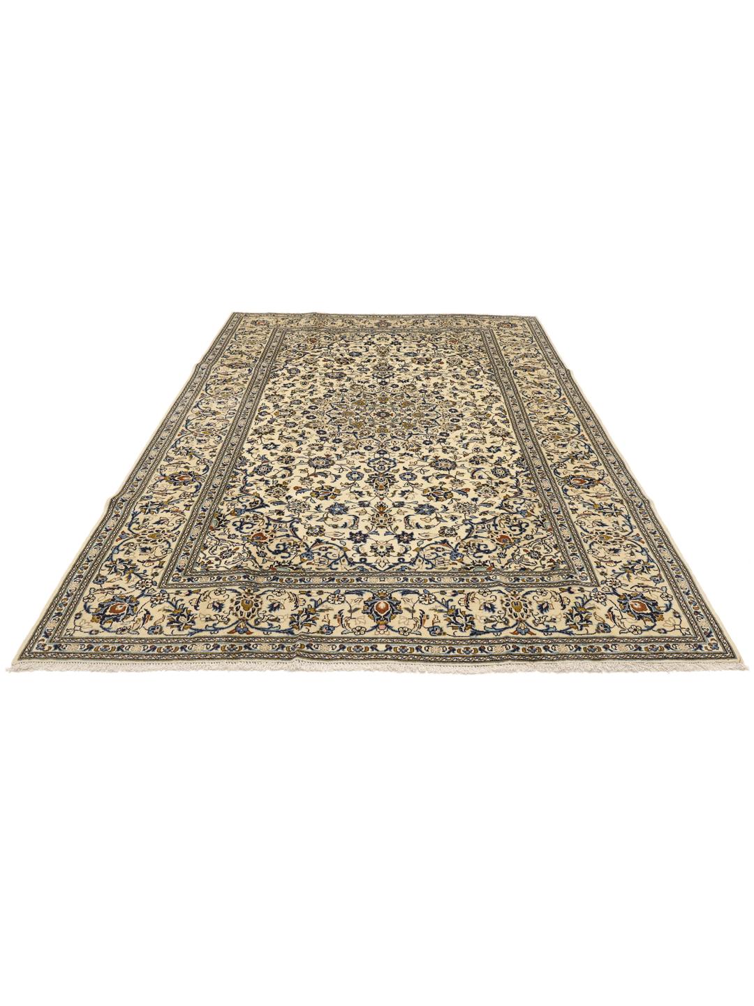 Hand-knotted Keshan rug with floral motifs and blue accents on a beige background from the Middle East